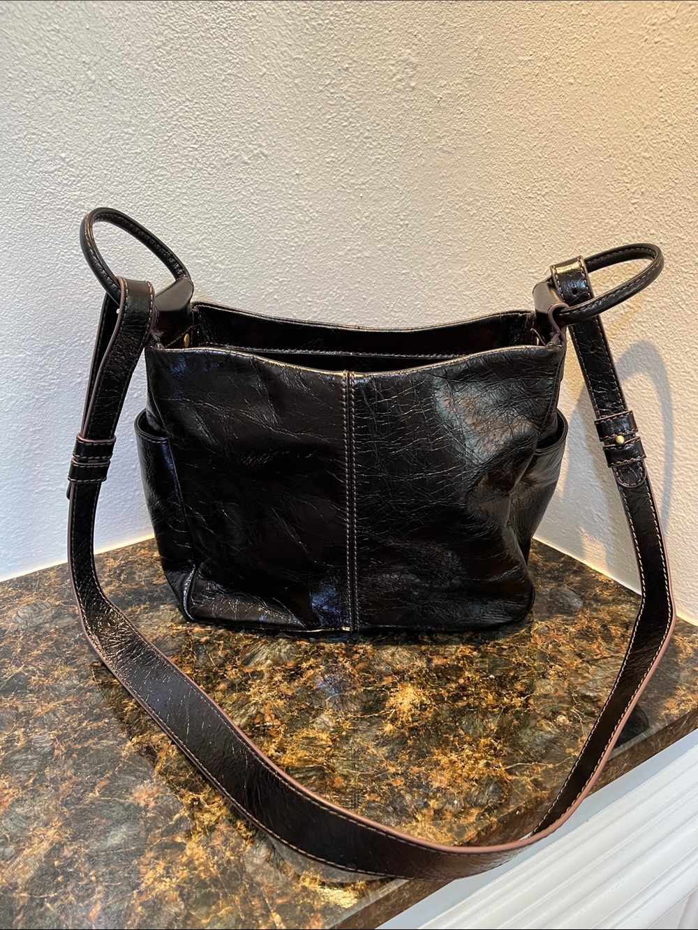 HOBO Black Leather Crossbody with Front Pocket